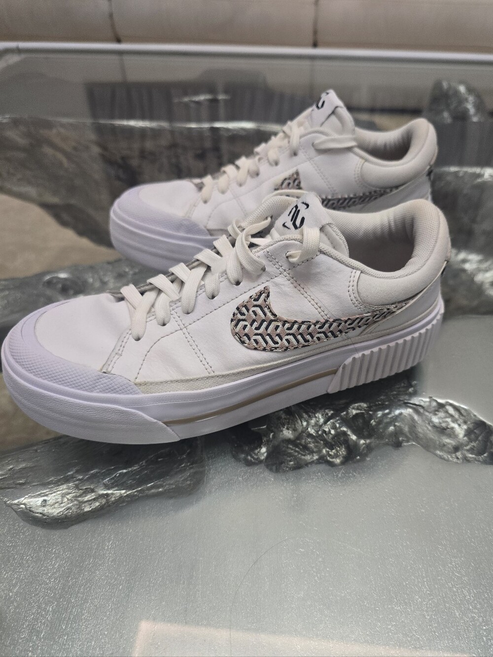Nike Women's White Platform Sneakers with Patterned Swoosh